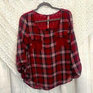 Plaid Red E M Women's Sheer Blouse NWOT